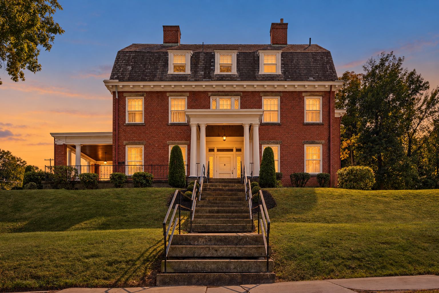 The Downer House at dusk, a brick Colonial Revival with a columned portico above a grand front stair on Meade Street