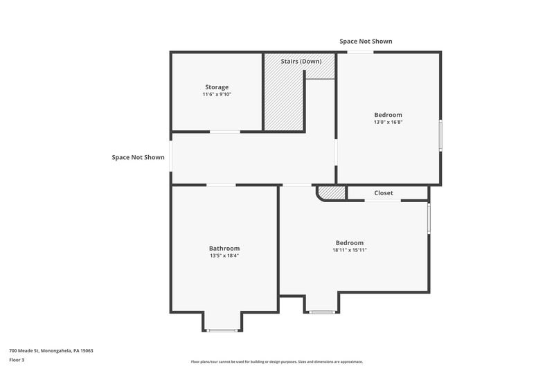 Third floor plan: two bedrooms, a bath, and storage