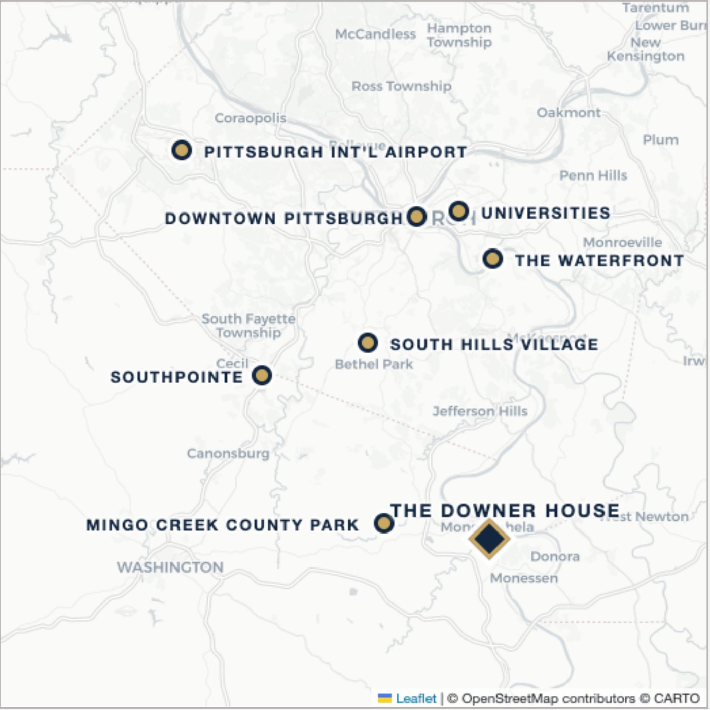 Map of Monongahela and the greater Pittsburgh region showing the Downer House, downtown Pittsburgh, the universities, the airport, Southpointe, and nearby parks